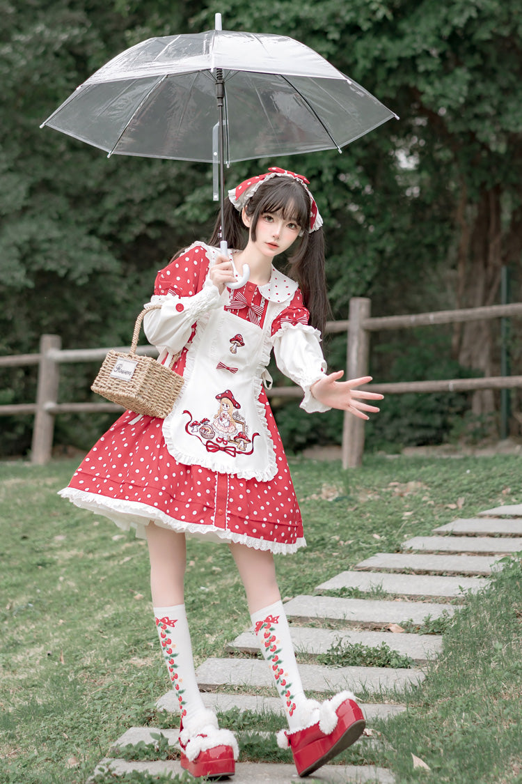Lolita Dress - Red/white Doll Collar, 2 Colors, Ruffled, Printed, Sweet Style - additional product view 3