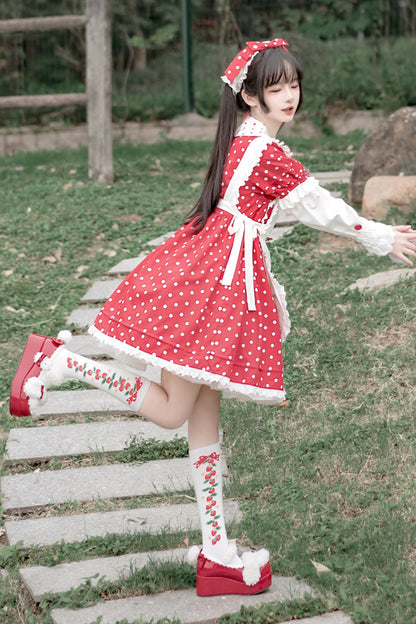 Lolita Dress - Red/white Doll Collar, 2 Colors, Ruffled, Printed, Sweet Style - additional product view 4