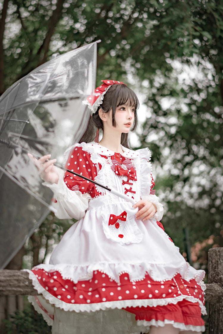 Lolita Dress - Red/white Doll Collar, 2 Colors, Ruffled, Printed, Sweet Style - additional product view 5