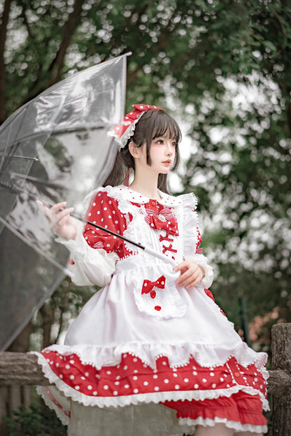 Lolita Dress - Red/white Doll Collar, 2 Colors, Ruffled, Printed, Sweet Style - additional product view 5