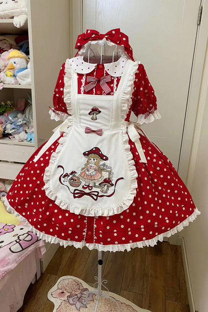 Lolita Dress - Red/white Doll Collar, 2 Colors, Ruffled, Printed, Sweet Style - additional product view 6