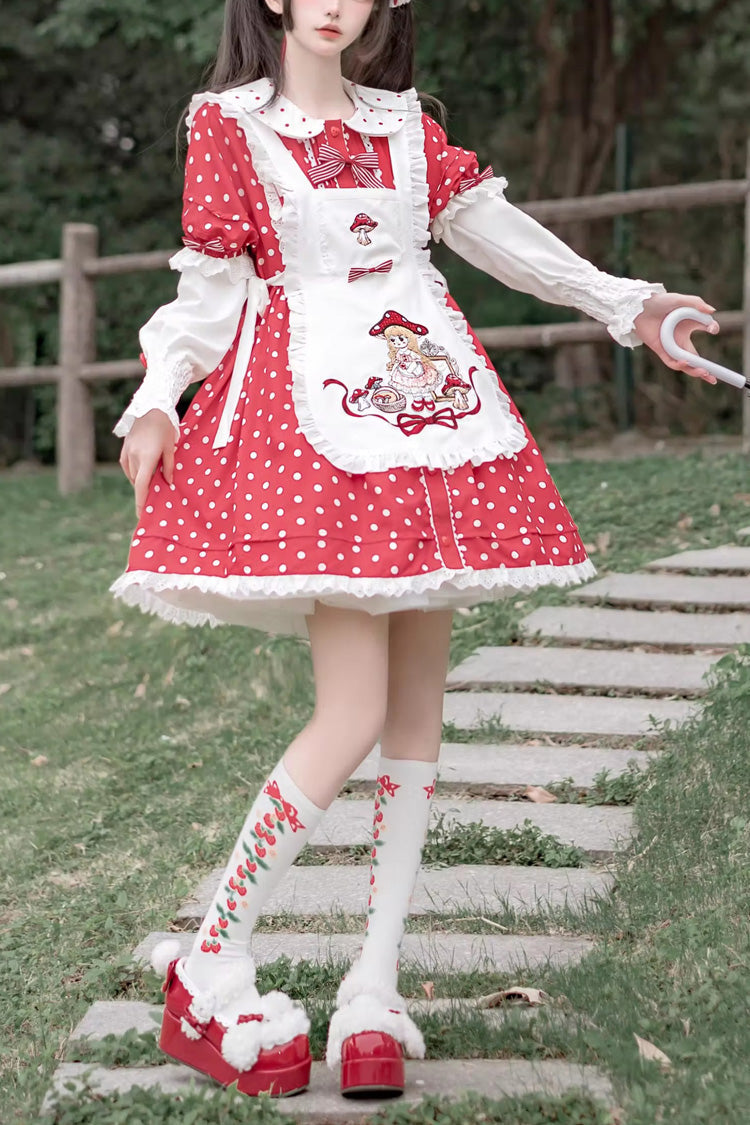 Lolita Dress - Red/white Doll Collar, 2 Colors, Ruffled, Printed, Sweet Style - main product image