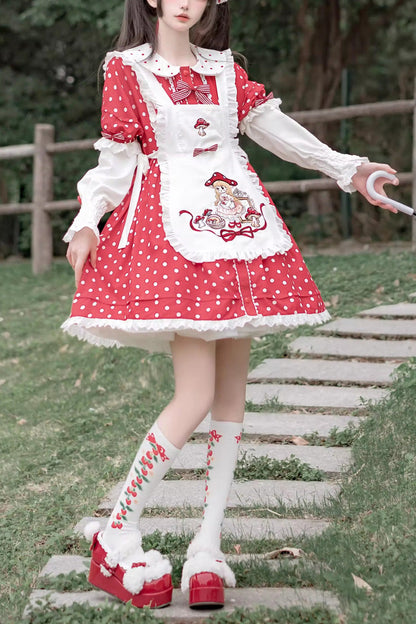 Lolita Dress - Red/white Doll Collar, 2 Colors, Ruffled, Printed, Sweet Style - main product image