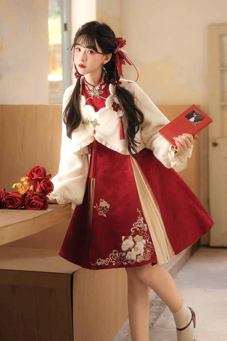 Lolita Dress - Red/white Stand Collar, 2 Colors, Stand Collar, High Waist, Women's Style - additional product view 3