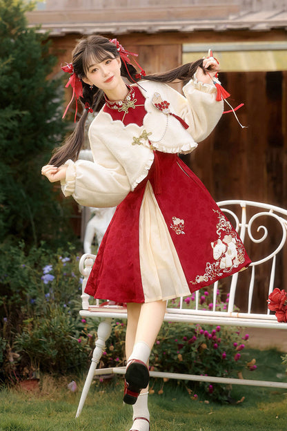 Lolita Dress - Red/white Stand Collar, 2 Colors, Stand Collar, High Waist, Women's Style - additional product view 5