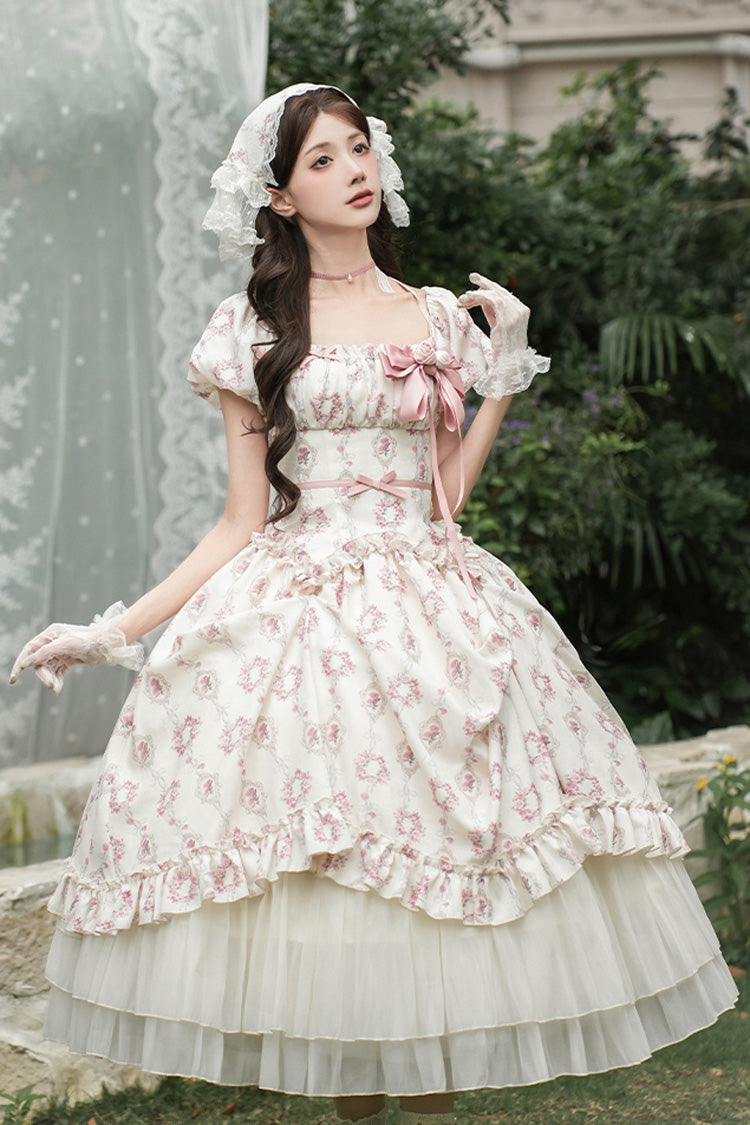 Lolita Dress - Rose After The Rain, Ivory, Square Collar, Long Length, Bow Detail - additional product view 2
