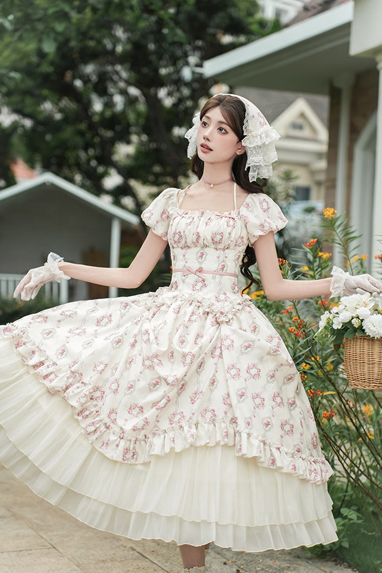 Lolita Dress - Rose After The Rain, Ivory, Square Collar, Long Length, Bow Detail - additional product view 3