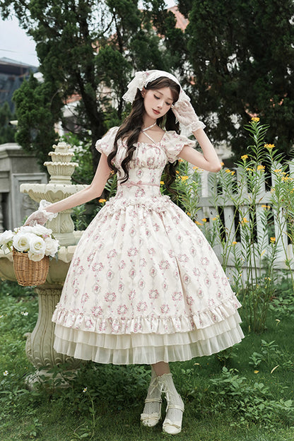 Lolita Dress - Rose After The Rain, Ivory, Square Collar, Long Length, Bow Detail - additional product view 6