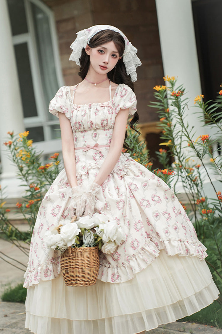 Lolita Dress - Rose After The Rain, Ivory, Square Collar, Long Length, Bow Detail - main product image