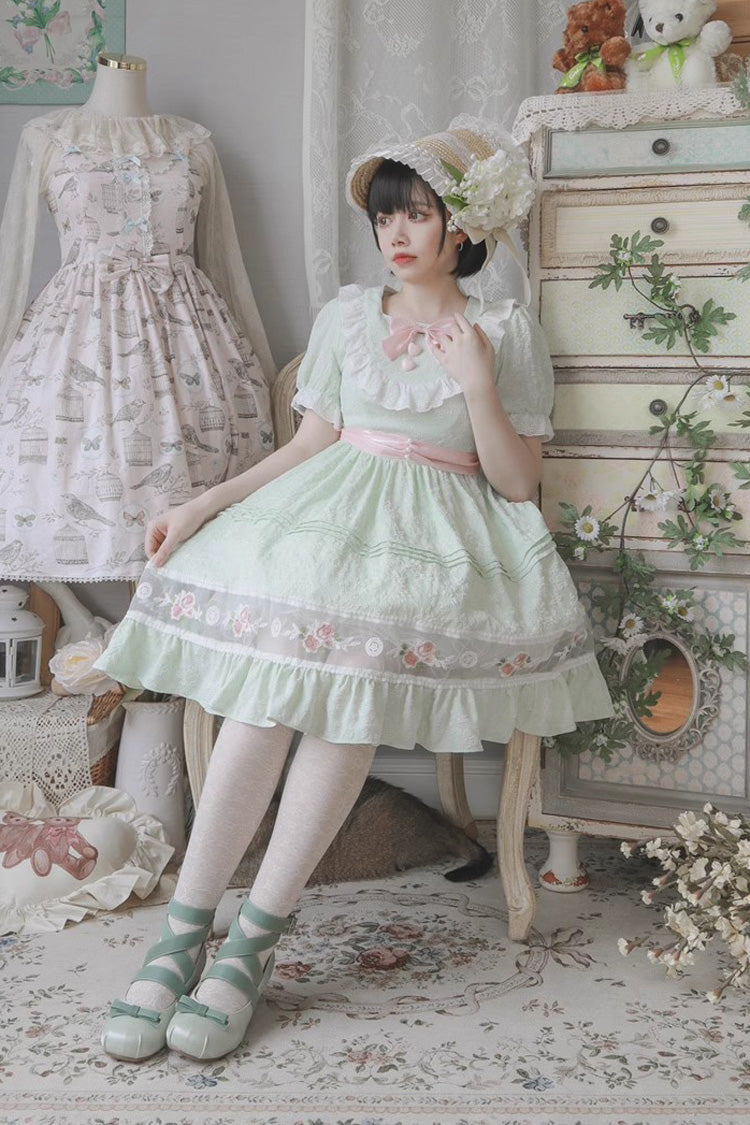 Lolita Dress - Rose Print Ruffle Bowknot, Green, Ruffled, Printed, Sweet Style - additional product view 2