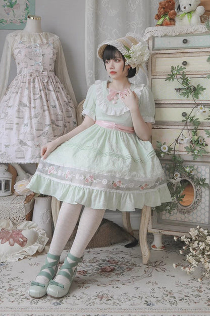 Lolita Dress - Rose Print Ruffle Bowknot, Green, Ruffled, Printed, Sweet Style - additional product view 2