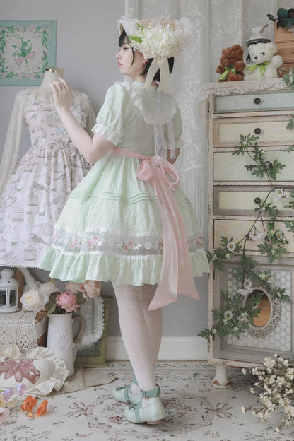 Lolita Dress - Rose Print Ruffle Bowknot, Green, Ruffled, Printed, Sweet Style - additional product view 3