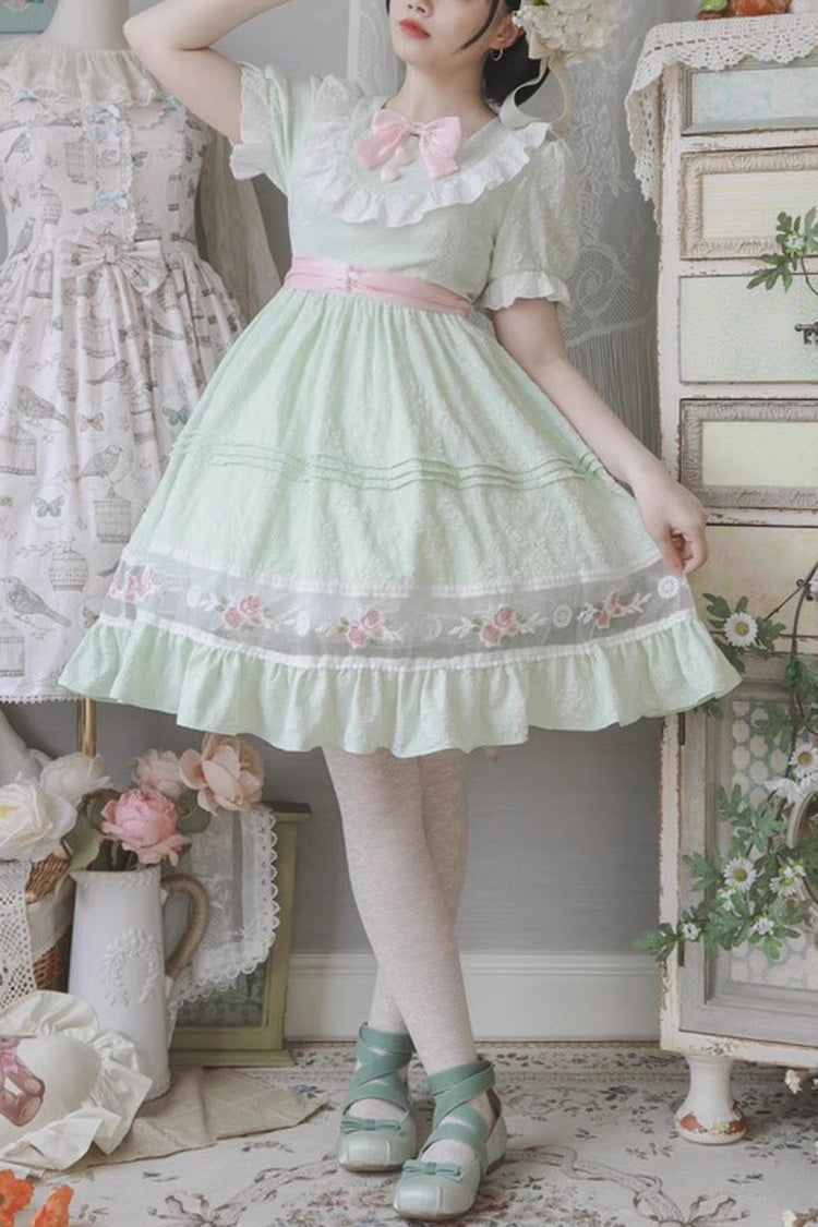 Lolita Dress - Rose Print Ruffle Bowknot, Green, Ruffled, Printed, Sweet Style - main product image