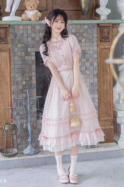 Lolita Dress - Round Collar High Waisted, Pink, High Waist, Women's Style, Ruffled - main product image