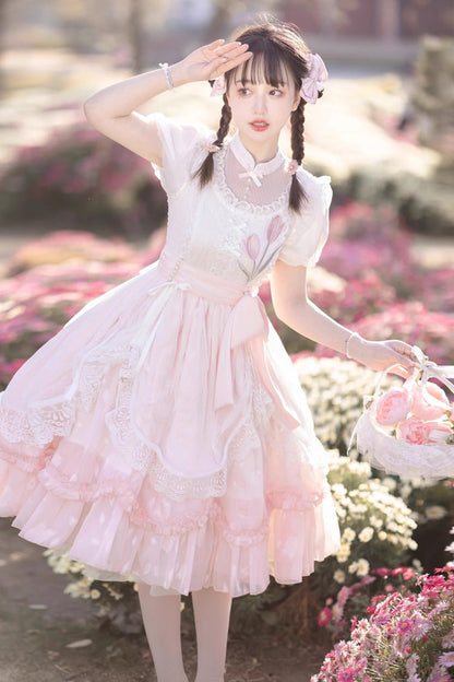 Lolita Dress - Round Collar Lace Ruffle, Pink, Bow Detail, Lace Trim, Ruffled - additional product view 2