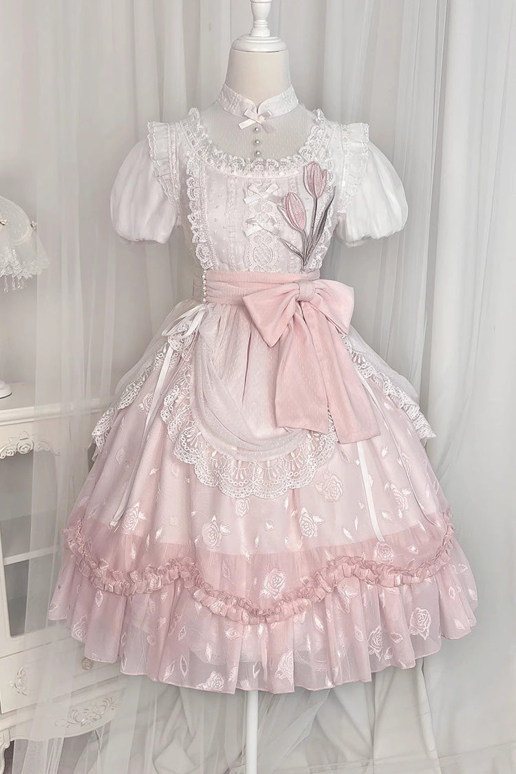 Lolita Dress - Round Collar Lace Ruffle, Pink, Bow Detail, Lace Trim, Ruffled - additional product view 3
