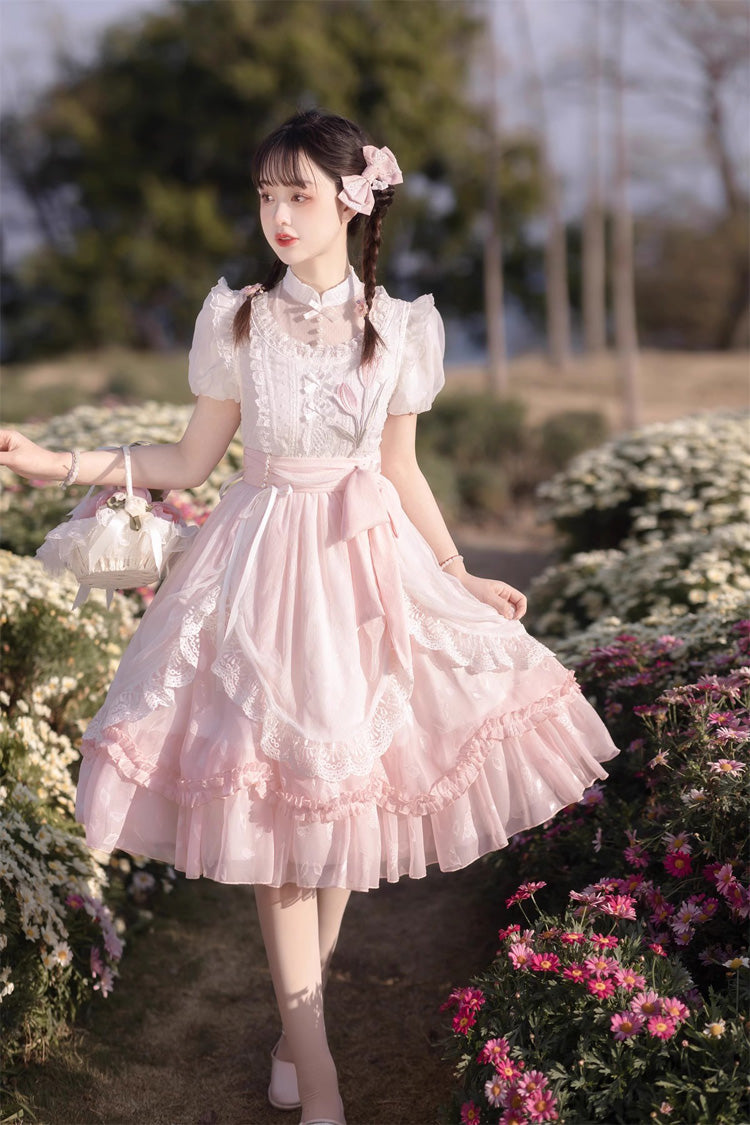 Lolita Dress - Round Collar Lace Ruffle, Pink, Bow Detail, Lace Trim, Ruffled - additional product view 5