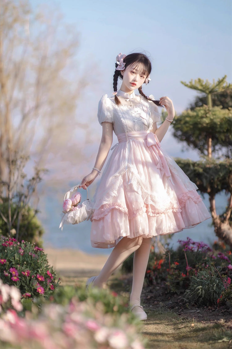 Lolita Dress - Round Collar Lace Ruffle, Pink, Bow Detail, Lace Trim, Ruffled - additional product view 6