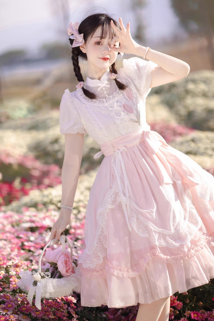 Lolita Dress - Round Collar Lace Ruffle, Pink, Bow Detail, Lace Trim, Ruffled - additional product view 7