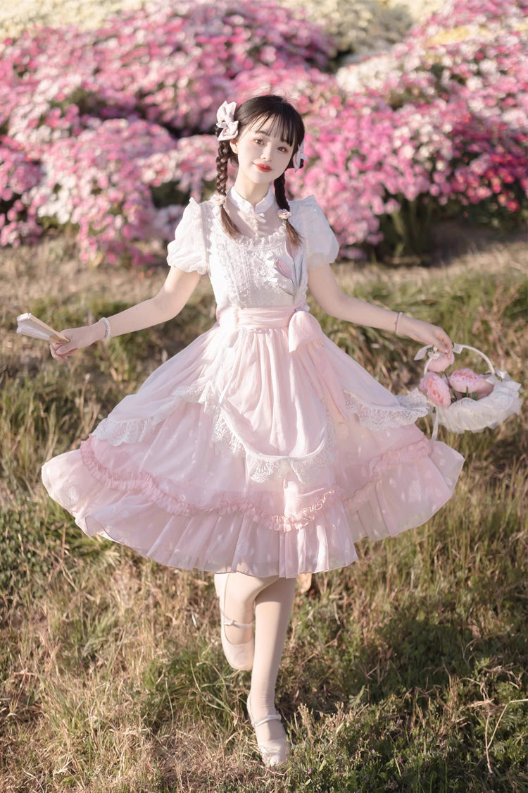 Lolita Dress - Round Collar Lace Ruffle, Pink, Bow Detail, Lace Trim, Ruffled - additional product view 8
