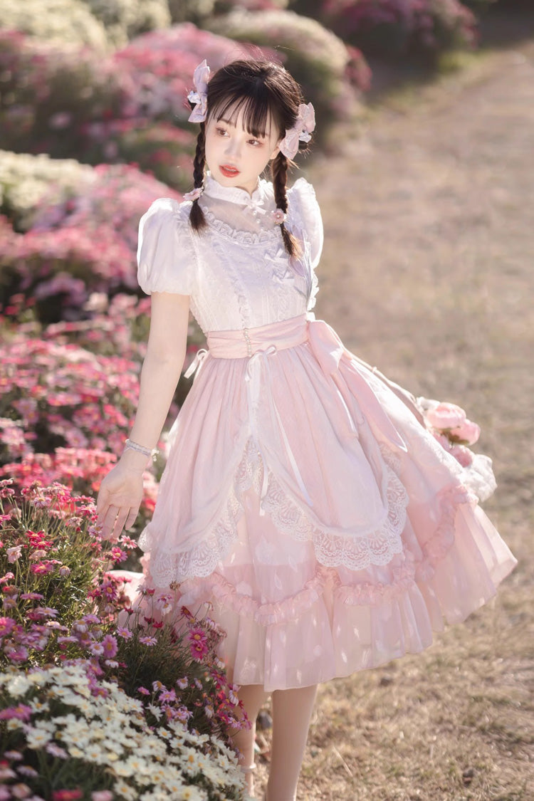 Lolita Dress - Round Collar Lace Ruffle, Pink, Bow Detail, Lace Trim, Ruffled - additional product view 9