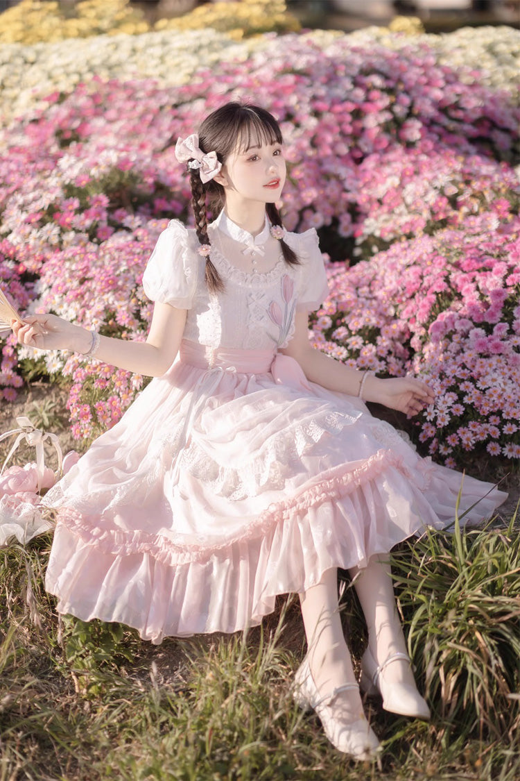 Lolita Dress - Round Collar Lace Ruffle, Pink, Bow Detail, Lace Trim, Ruffled - additional product view 10