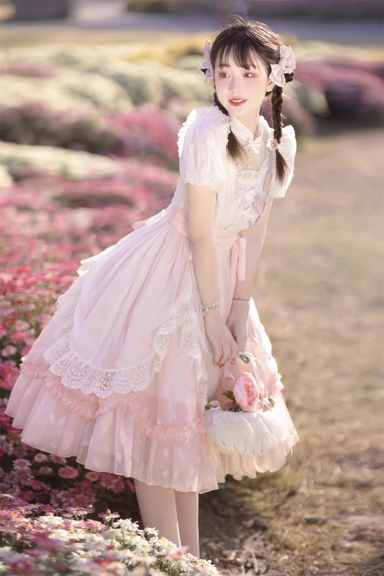 Lolita Dress - Round Collar Lace Ruffle, Pink, Bow Detail, Lace Trim, Ruffled - additional product view 11