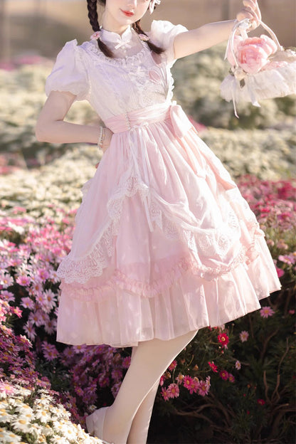 Lolita Dress - Round Collar Lace Ruffle, Pink, Bow Detail, Lace Trim, Ruffled - main product image