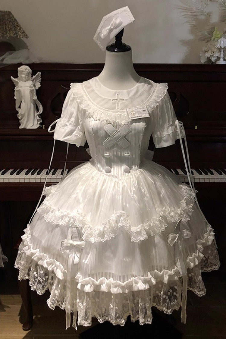 Lolita Dress - Ruffle Bowknot Lace Elegant, White, Bow Detail, Lace Trim, Ruffled - additional product view 3