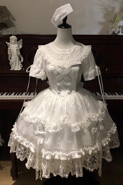 Lolita Dress - Ruffle Bowknot Lace Elegant, White, Bow Detail, Lace Trim, Ruffled - additional product view 3