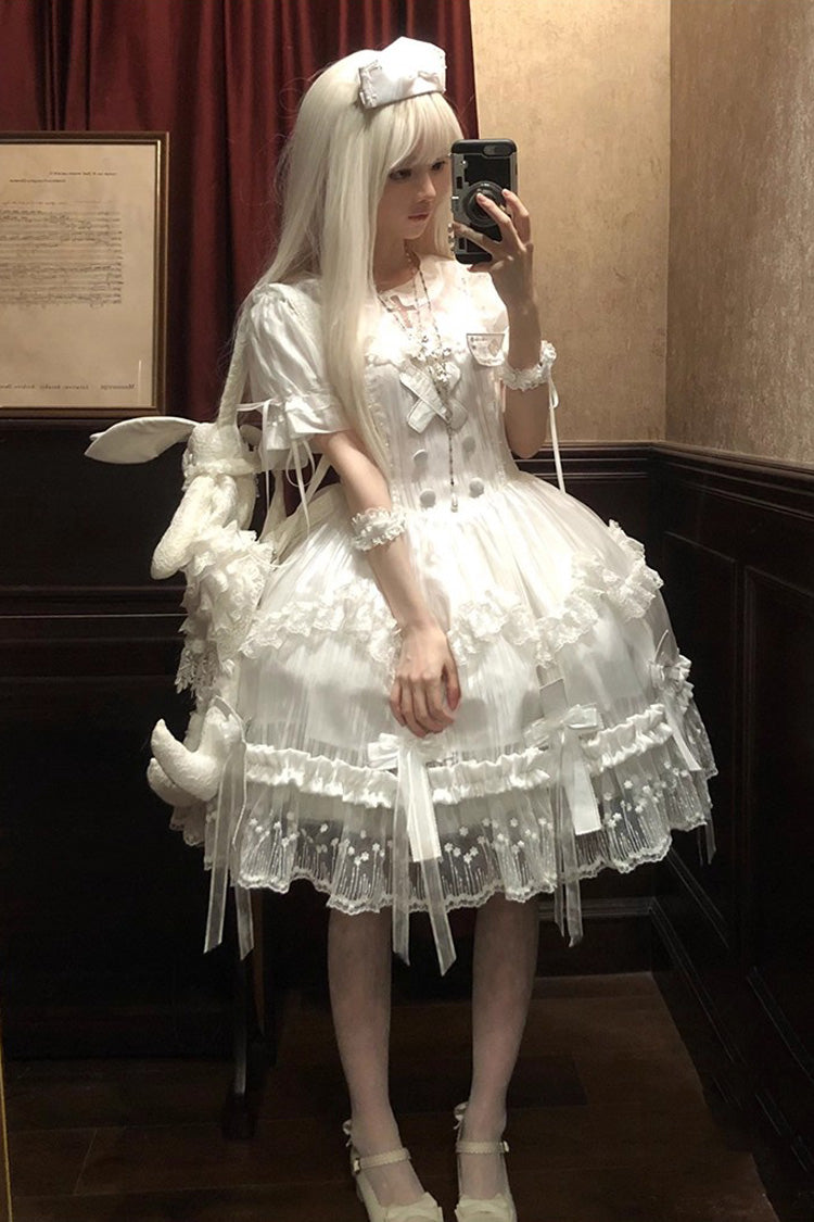 Lolita Dress - Ruffle Bowknot Lace Elegant, White, Bow Detail, Lace Trim, Ruffled - additional product view 5
