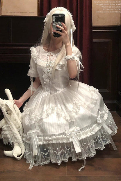 Lolita Dress - Ruffle Bowknot Lace Elegant, White, Bow Detail, Lace Trim, Ruffled - additional product view 6