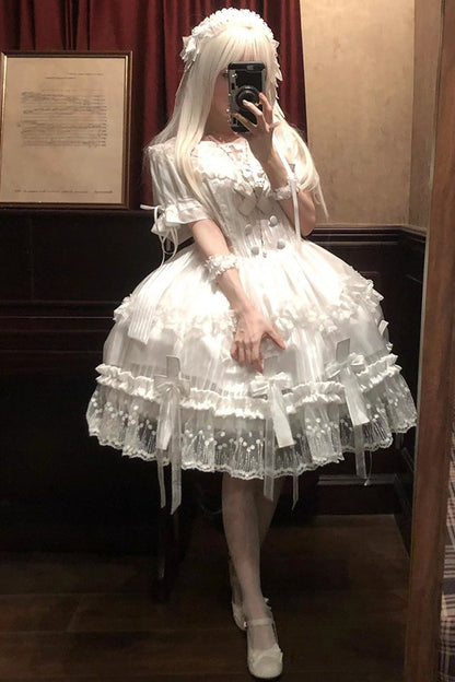 Lolita Dress - Ruffle Bowknot Lace Elegant, White, Bow Detail, Lace Trim, Ruffled - additional product view 7