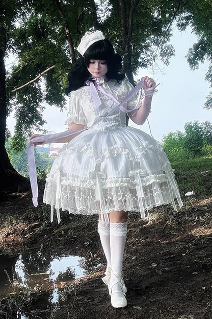 Lolita Dress - Ruffle Bowknot Lace Elegant, White, Bow Detail, Lace Trim, Ruffled - additional product view 9
