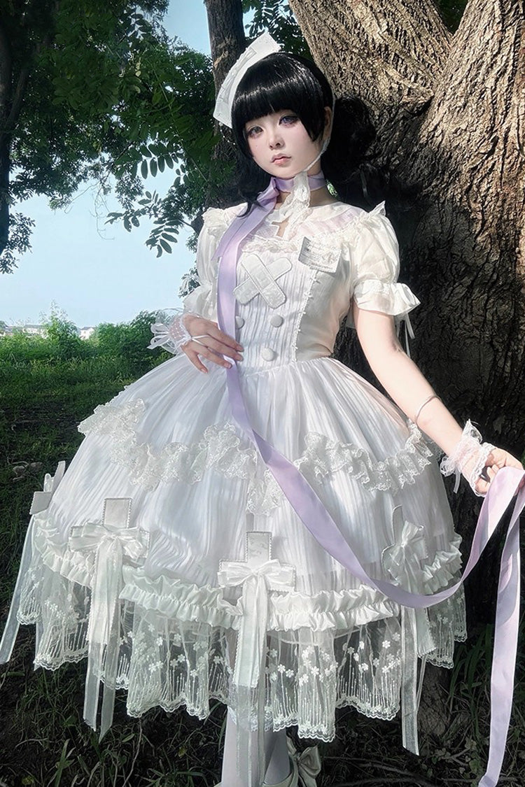 Lolita Dress - Ruffle Bowknot Lace Elegant, White, Bow Detail, Lace Trim, Ruffled - main product image