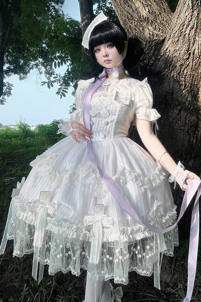 Lolita Dress - Ruffle Bowknot Lace Elegant, White, Bow Detail, Lace Trim, Ruffled - main product image