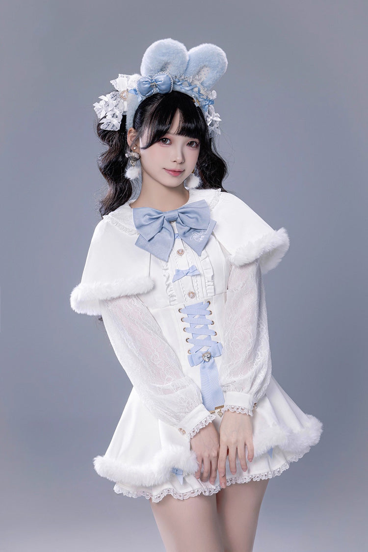 Lolita Dress - Ruffle Bowknot Lace-up Japanese, White, Bow Detail, Lace Trim, Ruffled - main product image