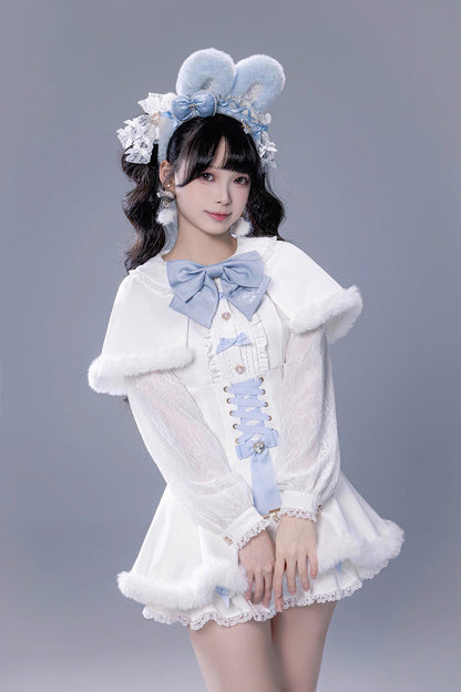Lolita Dress - Ruffle Bowknot Lace-up Japanese, White, Bow Detail, Lace Trim, Ruffled - main product image