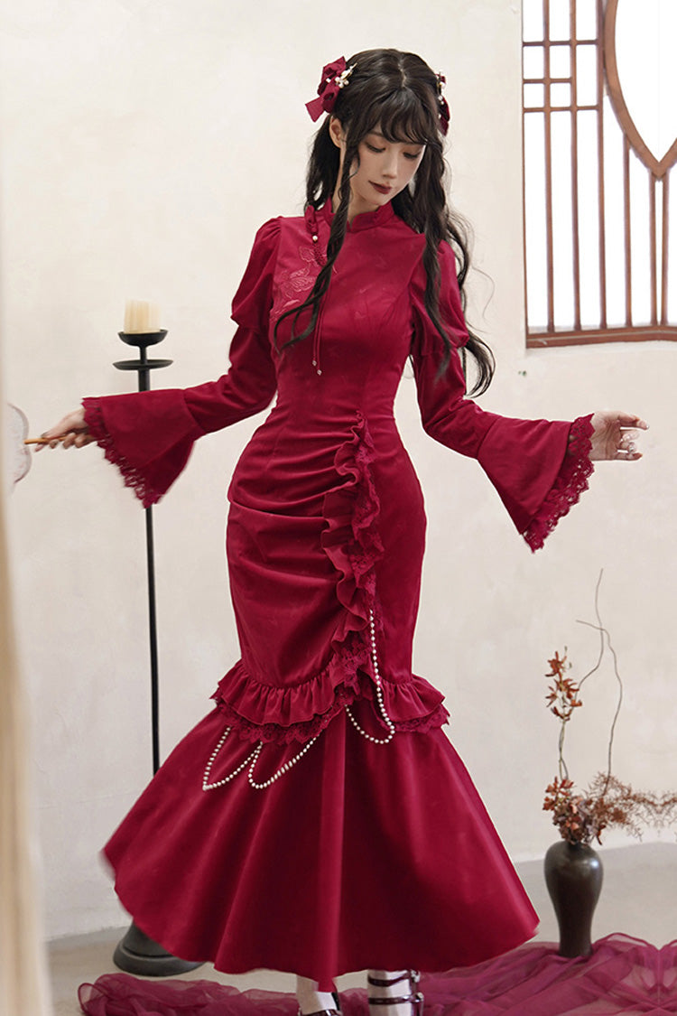 Lolita Dress - Ruffle Embroidery Bowknot Lace, Red, Long Sleeves, Classic Style - additional product view 2