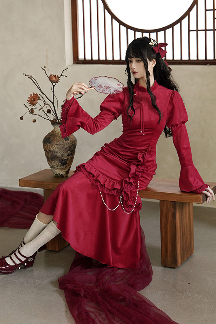 Lolita Dress - Ruffle Embroidery Bowknot Lace, Red, Long Sleeves, Classic Style - additional product view 4