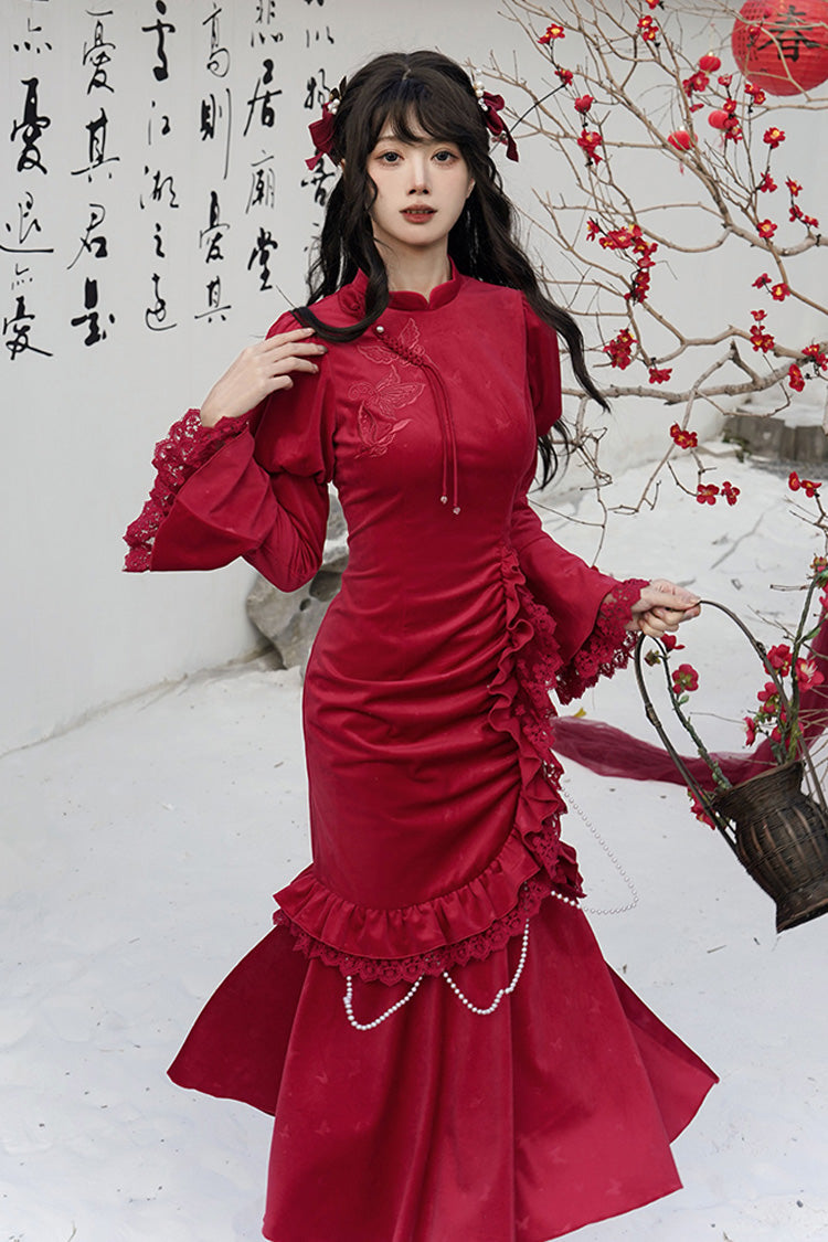 Lolita Dress - Ruffle Embroidery Bowknot Lace, Red, Long Sleeves, Classic Style - additional product view 5