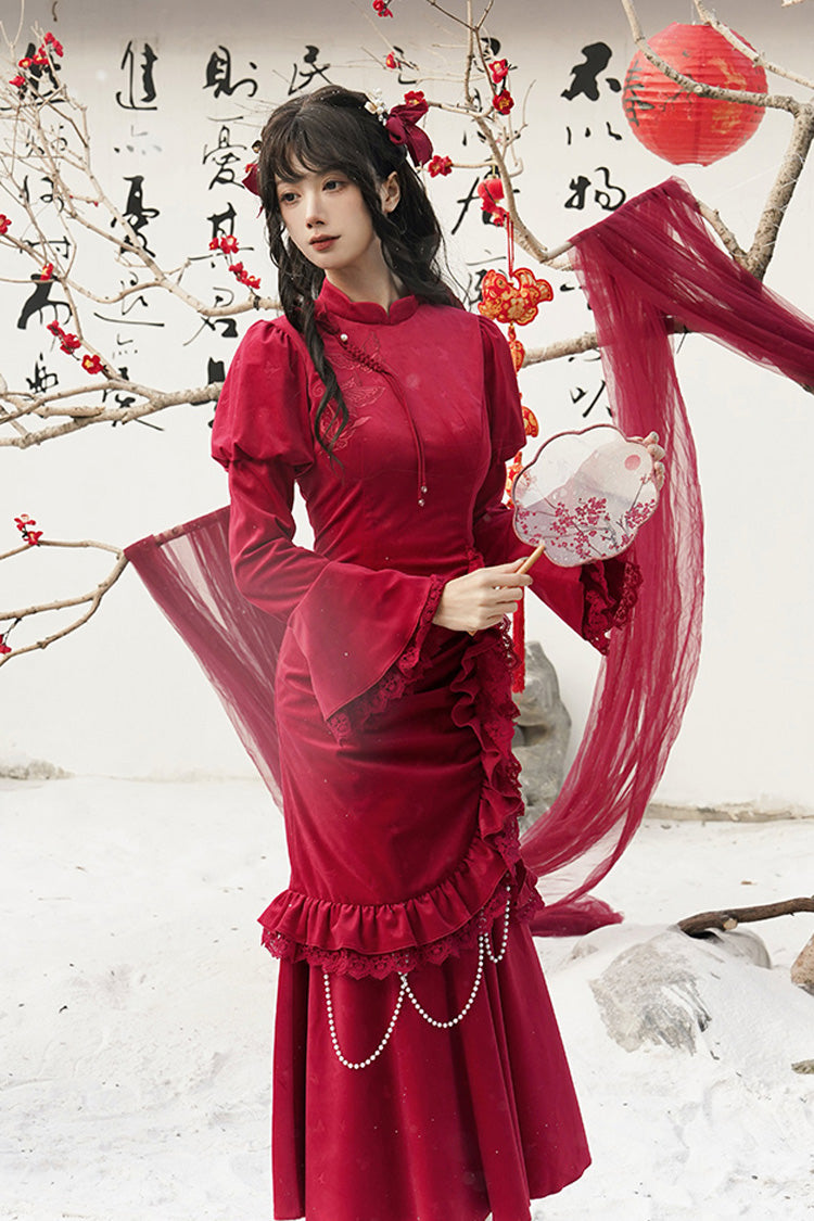 Lolita Dress - Ruffle Embroidery Bowknot Lace, Red, Long Sleeves, Classic Style - additional product view 6