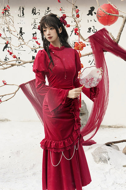 Lolita Dress - Ruffle Embroidery Bowknot Lace, Red, Long Sleeves, Classic Style - additional product view 6