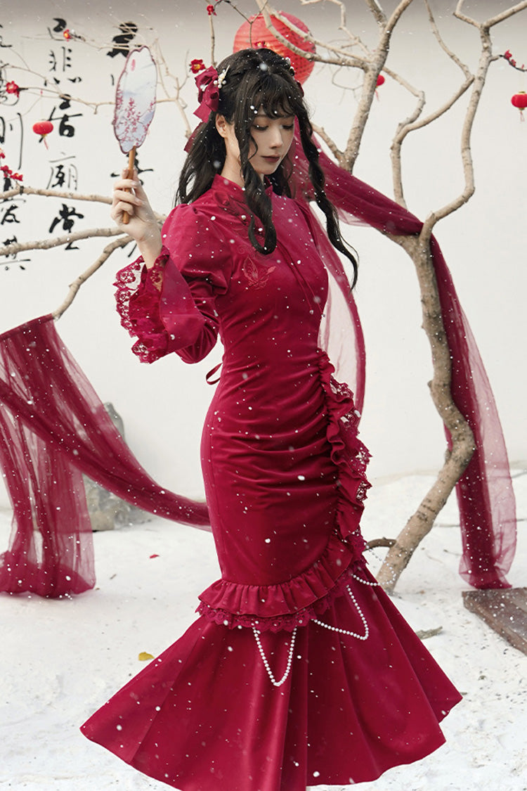Lolita Dress - Ruffle Embroidery Bowknot Lace, Red, Long Sleeves, Classic Style - additional product view 7