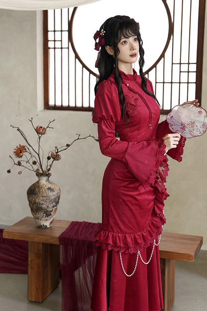 Lolita Dress - Ruffle Embroidery Bowknot Lace, Red, Long Sleeves, Classic Style - additional product view 8
