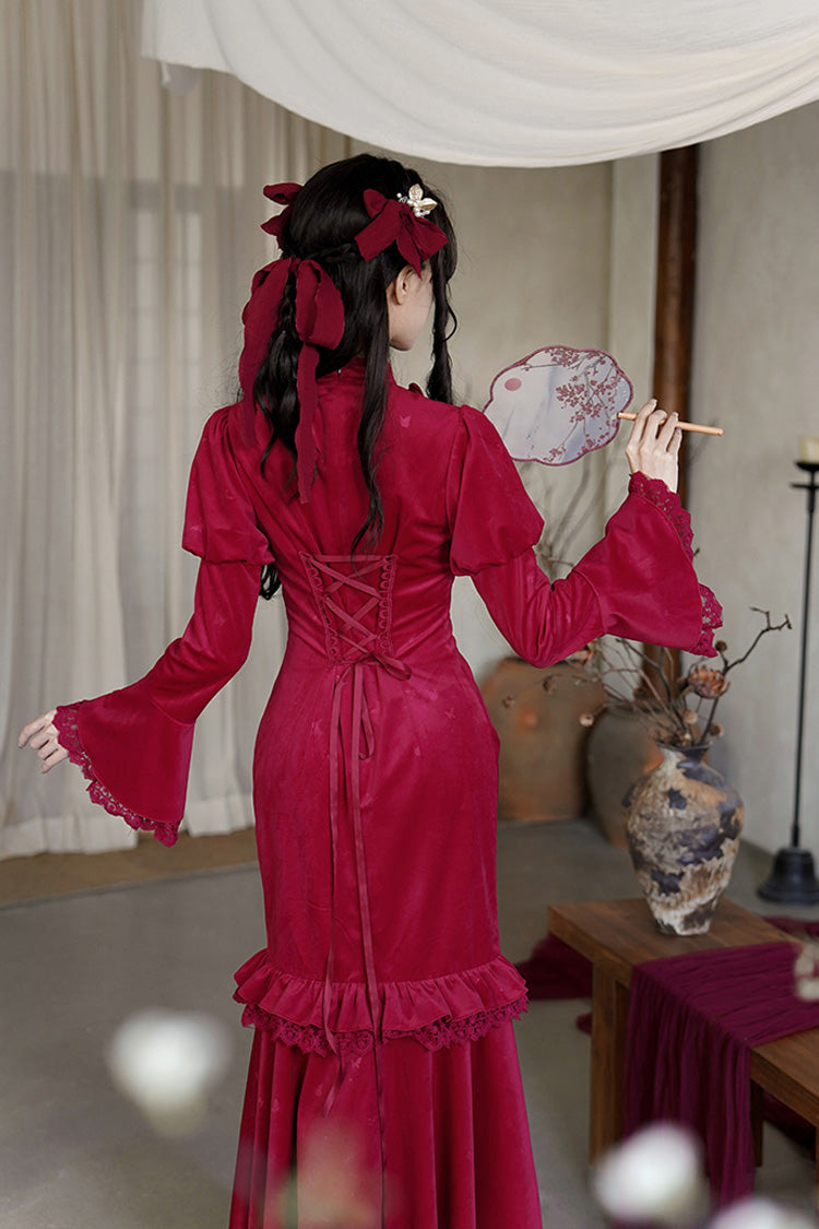 Lolita Dress - Ruffle Embroidery Bowknot Lace, Red, Long Sleeves, Classic Style - additional product view 9