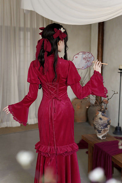 Lolita Dress - Ruffle Embroidery Bowknot Lace, Red, Long Sleeves, Classic Style - additional product view 9