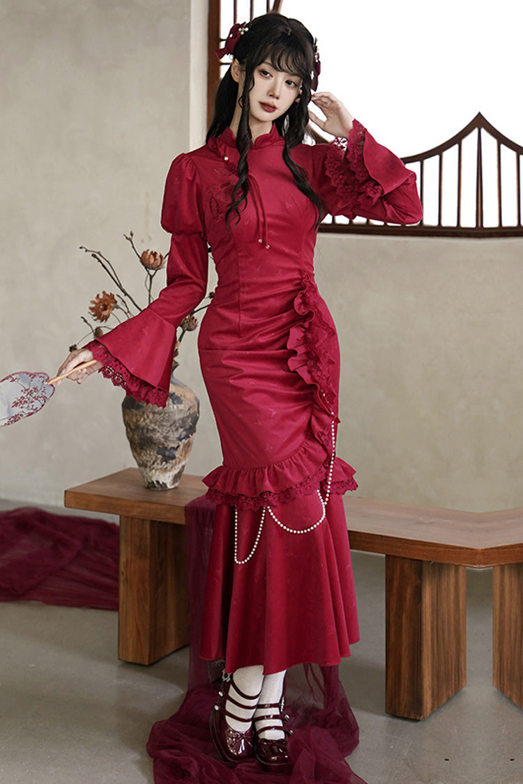 Lolita Dress - Ruffle Embroidery Bowknot Lace, Red, Long Sleeves, Classic Style - main product image