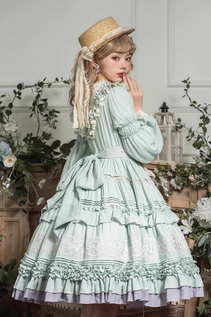 Lolita Dress - Ruffle Embroidery Bowknot Plus, Green, Plus Size, Embroidered, Long Sleeves - additional product view 2