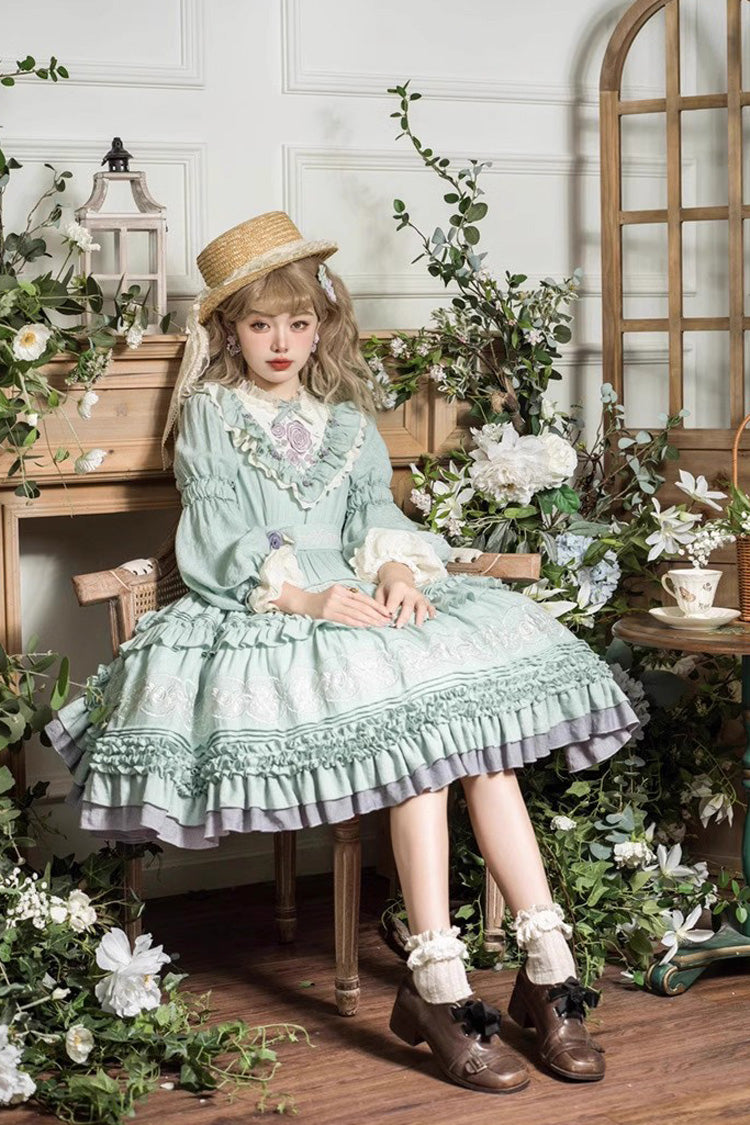 Lolita Dress - Ruffle Embroidery Bowknot Plus, Green, Plus Size, Embroidered, Long Sleeves - additional product view 3